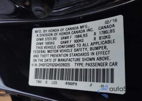 2016 Honda Civic Lx from USA, damaged, VIN 2HGFC2F62GH539025
